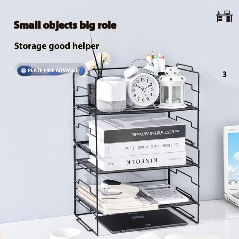 Desktop Storage Rack Metal Multi-Layer File Organizer Detachable 2 Frames + 3 Wire Mesh Panels - Black