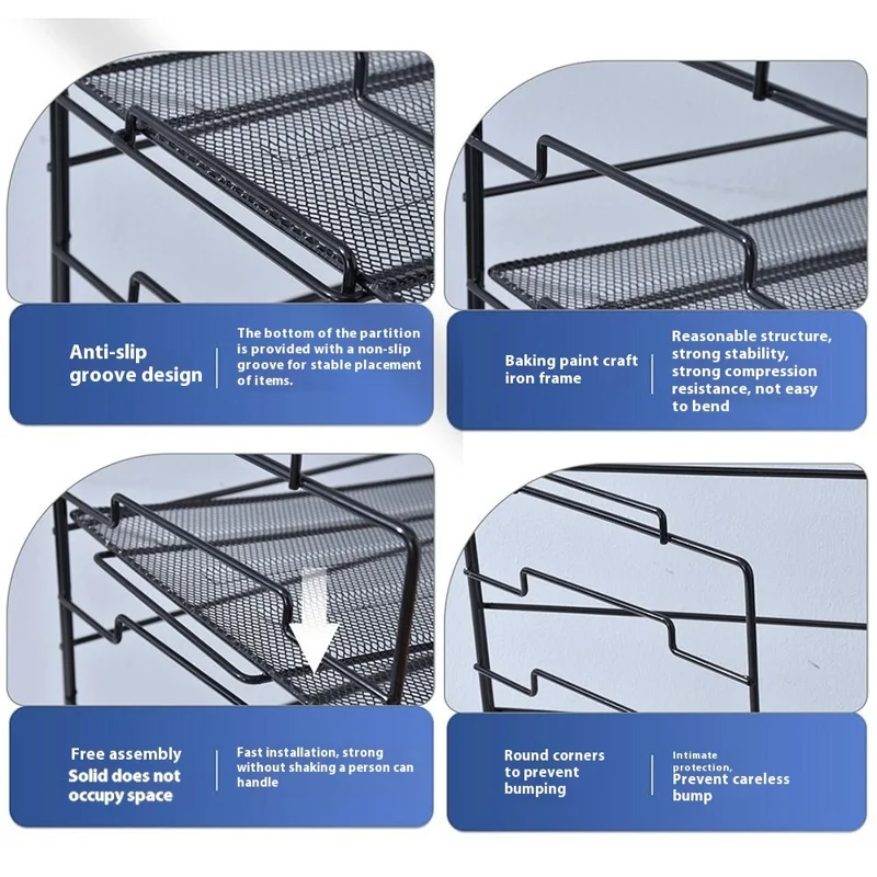 Desktop Storage Rack Metal Multi-Layer File Organizer Detachable 2 Frames + 3 Wire Mesh Panels - Black