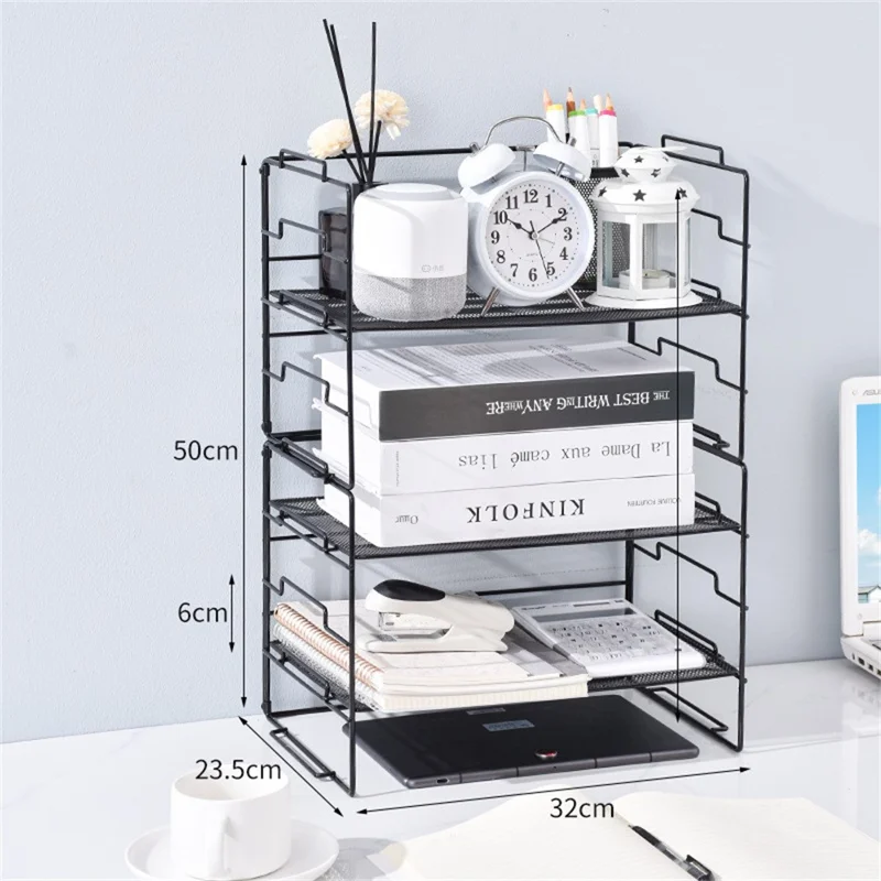 Desktop Storage Rack Metal Multi-Layer File Organizer Detachable 2 Frames + 3 Wire Mesh Panels - Black
