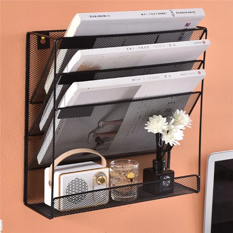 Organizador de Documentos de Pared de 4 Niveles para A4 - Soporte Metálico para Archivos, Libros y Revistas - Negro