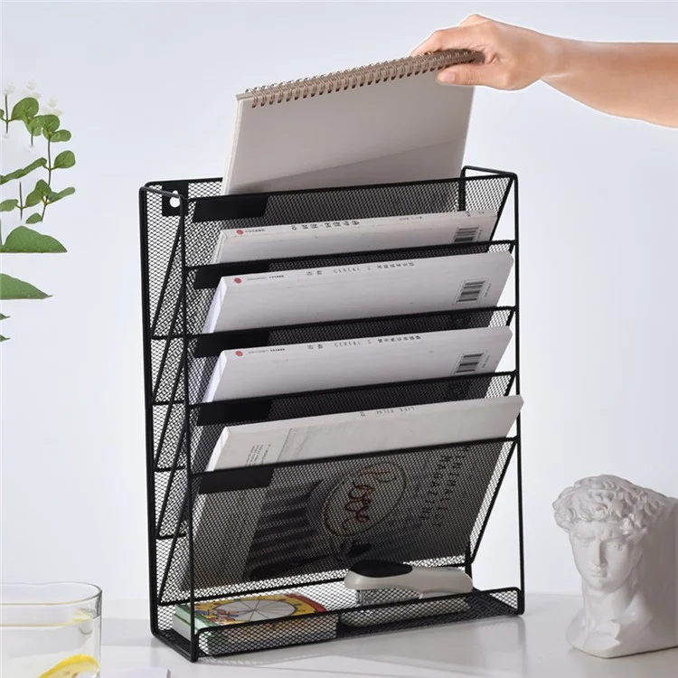Organizador de Documentos de Pared de 4 Niveles para A4 - Soporte Metálico para Archivos, Libros y Revistas - Negro