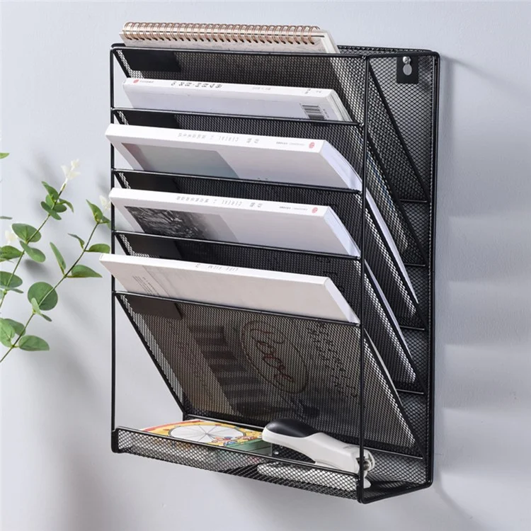 Organizador de Documentos de Pared de 4 Niveles para A4 - Soporte Metálico para Archivos, Libros y Revistas - Negro