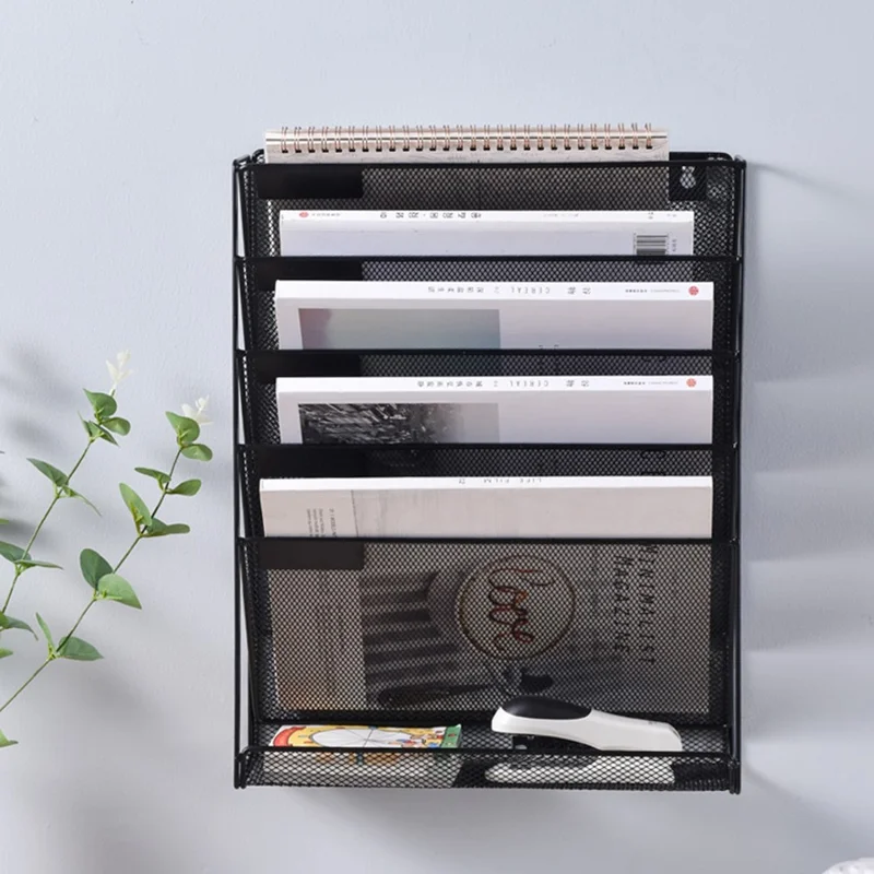 Organizador de Documentos de Pared de 4 Niveles para A4 - Soporte Metálico para Archivos, Libros y Revistas - Negro