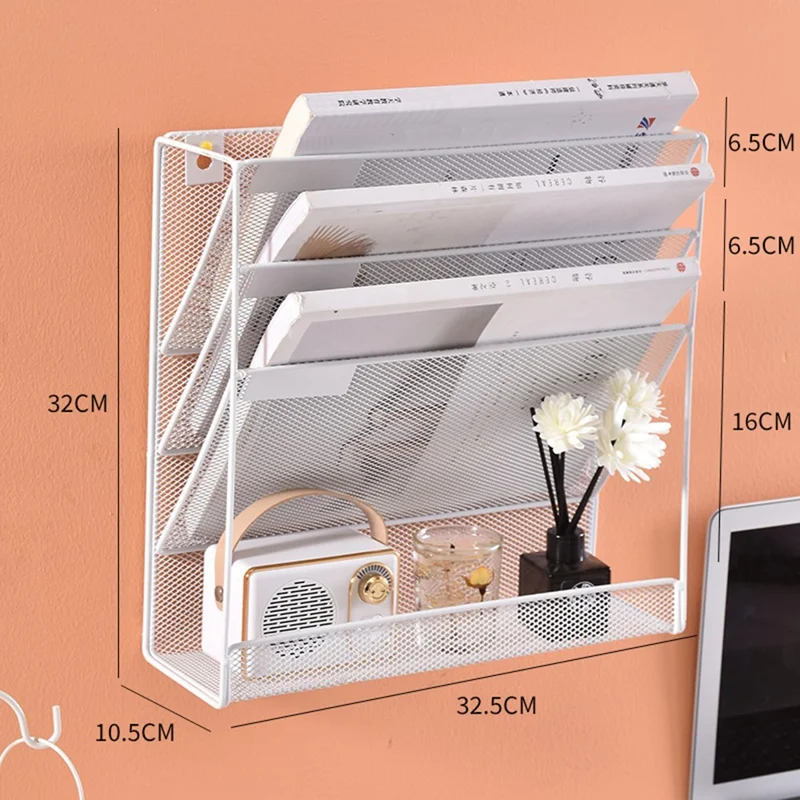 4-Tier Wall Mount A4 File Organizer Metal Document Holder Rack for Stationery Books Magazines - White