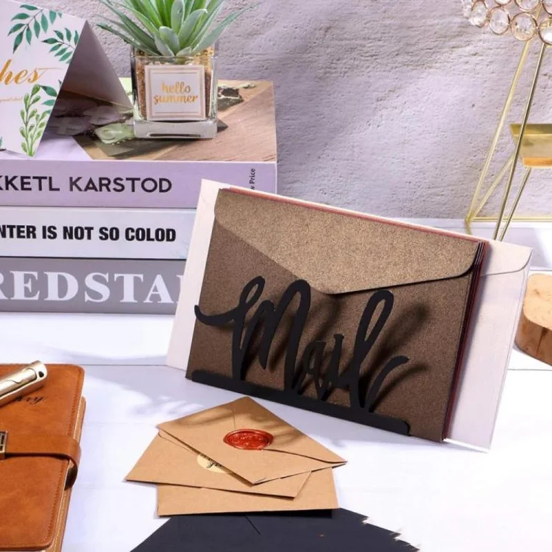 Matte Black Cut-Out Spelling Metal Desktop Mail Organizer Letter Holder Office File Rack Single Slot Storage Stand