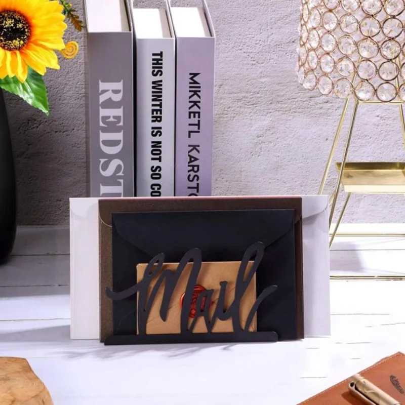 Matte Black Cut-Out Spelling Metal Desktop Mail Organizer Letter Holder Office File Rack Single Slot Storage Stand