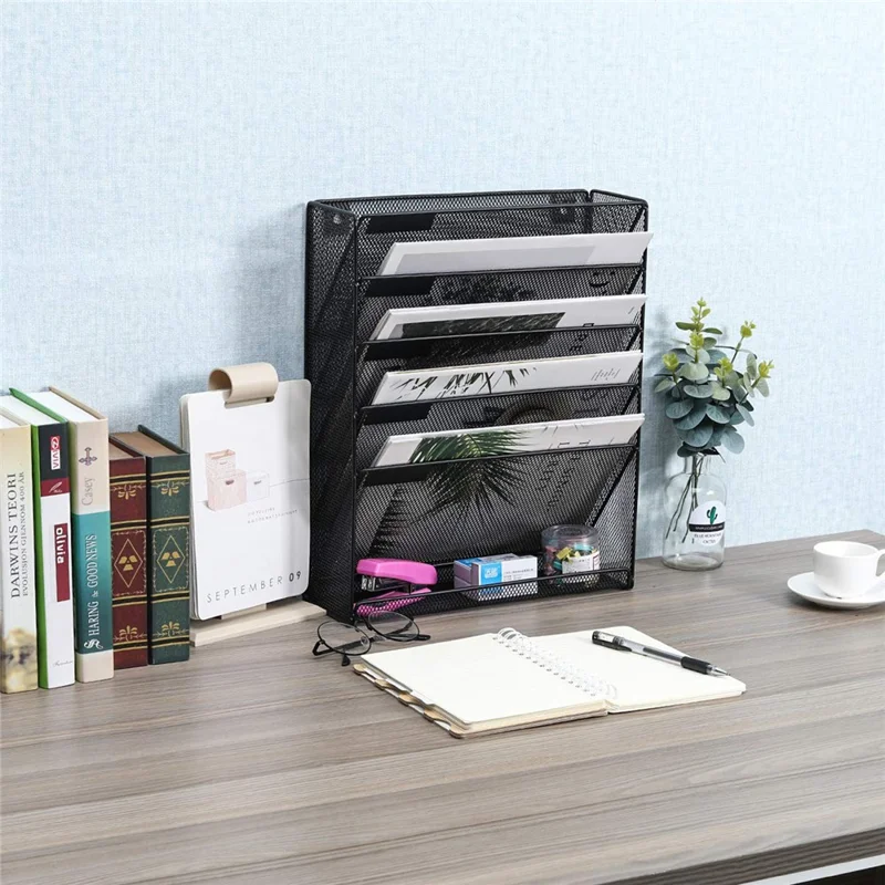 Wall Mounted 5-Tier Metal File Organizer Office Supplies Document Holder Magazine Rack for Home / Office - Black