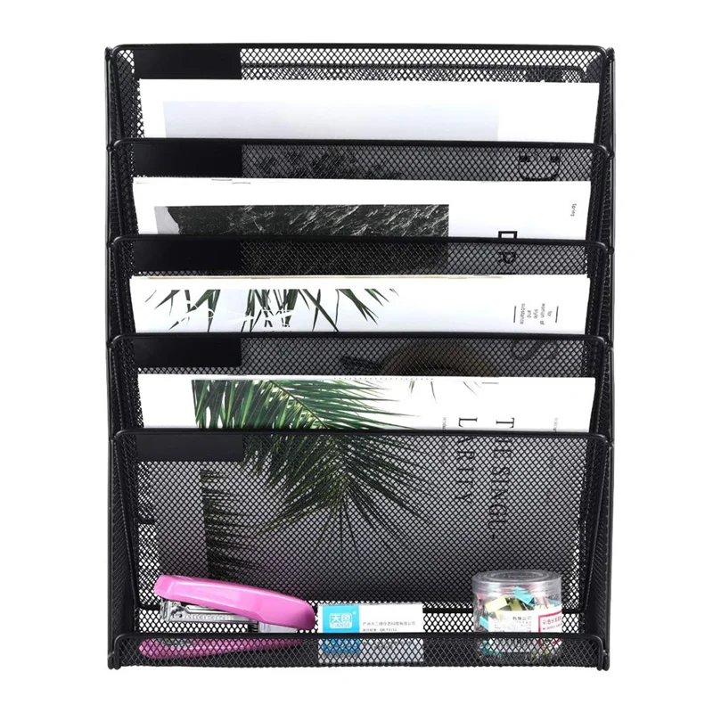 Wall Mounted 5-Tier Metal File Organizer Office Supplies Document Holder Magazine Rack for Home / Office - Black