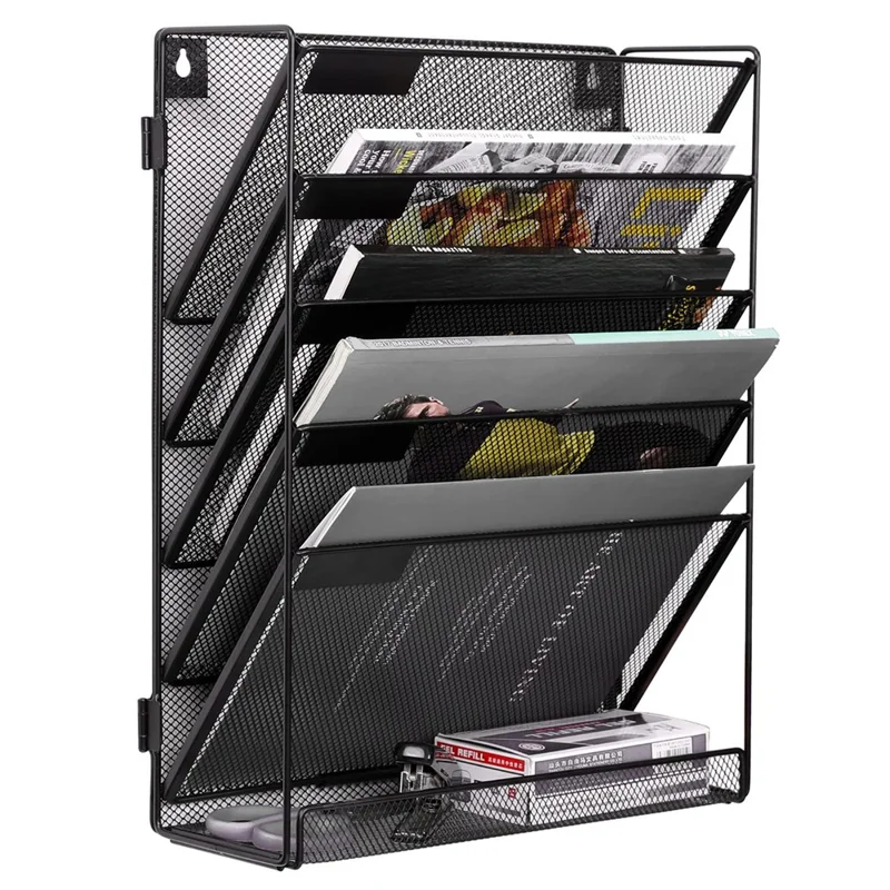 Wall Mounted 5-Tier Metal File Organizer Office Supplies Document Holder Magazine Rack for Home / Office - Black