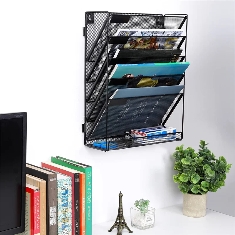 Wall Mounted 5-Tier Metal File Organizer Office Supplies Document Holder Magazine Rack for Home / Office - Black