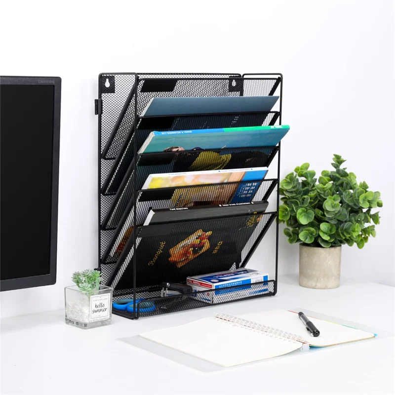Wall Mounted 5-Tier Metal File Organizer Office Supplies Document Holder Magazine Rack for Home / Office - Black