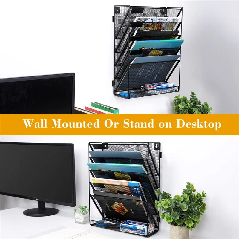 Wall Mounted 5-Tier Metal File Organizer Office Supplies Document Holder Magazine Rack for Home / Office - Black