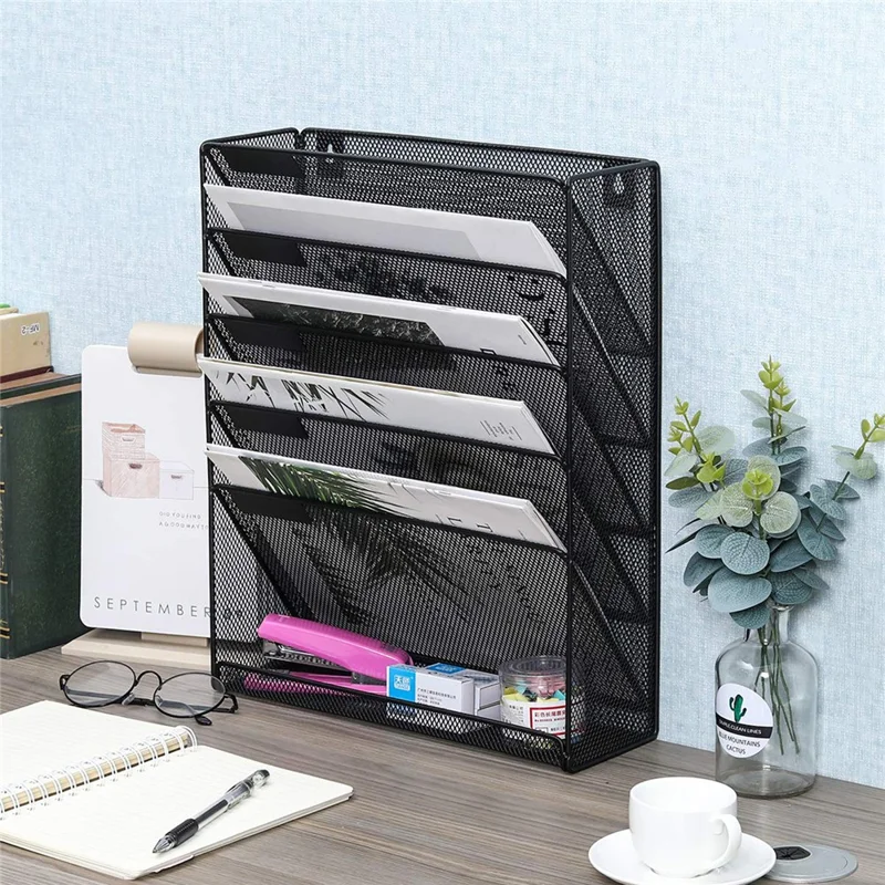 Wall Mounted 5-Tier Metal File Organizer Office Supplies Document Holder Magazine Rack for Home / Office - Black