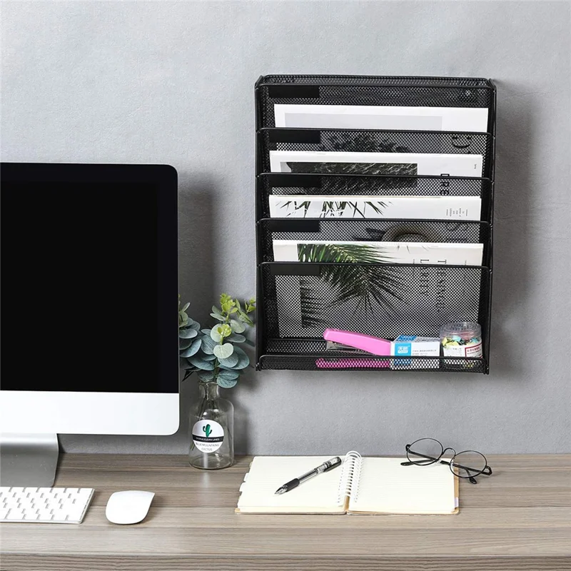 Wall Mounted 5-Tier Metal File Organizer Office Supplies Document Holder Magazine Rack for Home / Office - Black