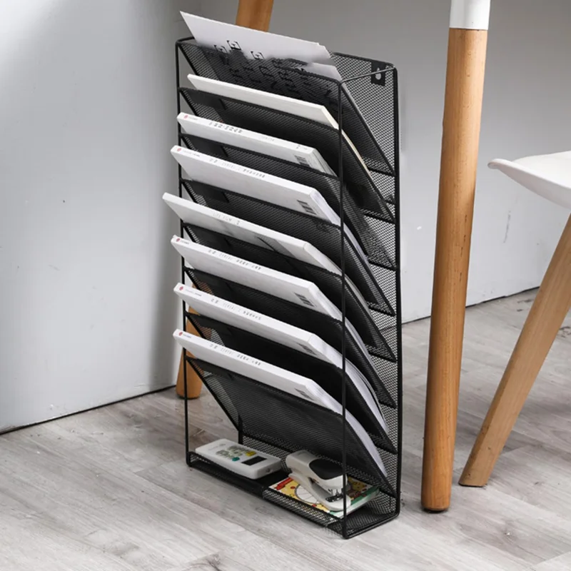 Wall Mount 9 Tier Metal File Organizer Vertical Document Holder Magazine Rack For Office  /  Home - Black