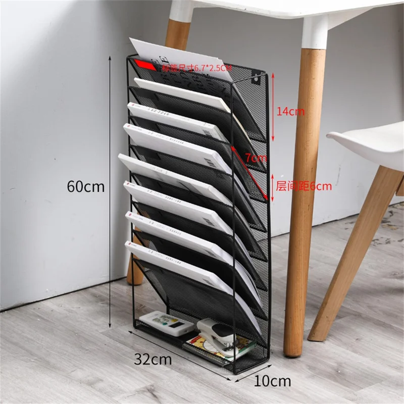 Wall Mount 9 Tier Metal File Organizer Vertical Document Holder Magazine Rack For Office  /  Home - Black