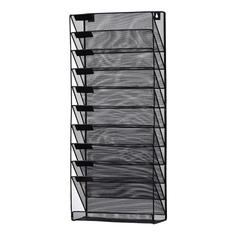 Metal Wall Mount 11-Tier File Organizer Office Supplies Holder Magazine Rack for Document Storage - Black
