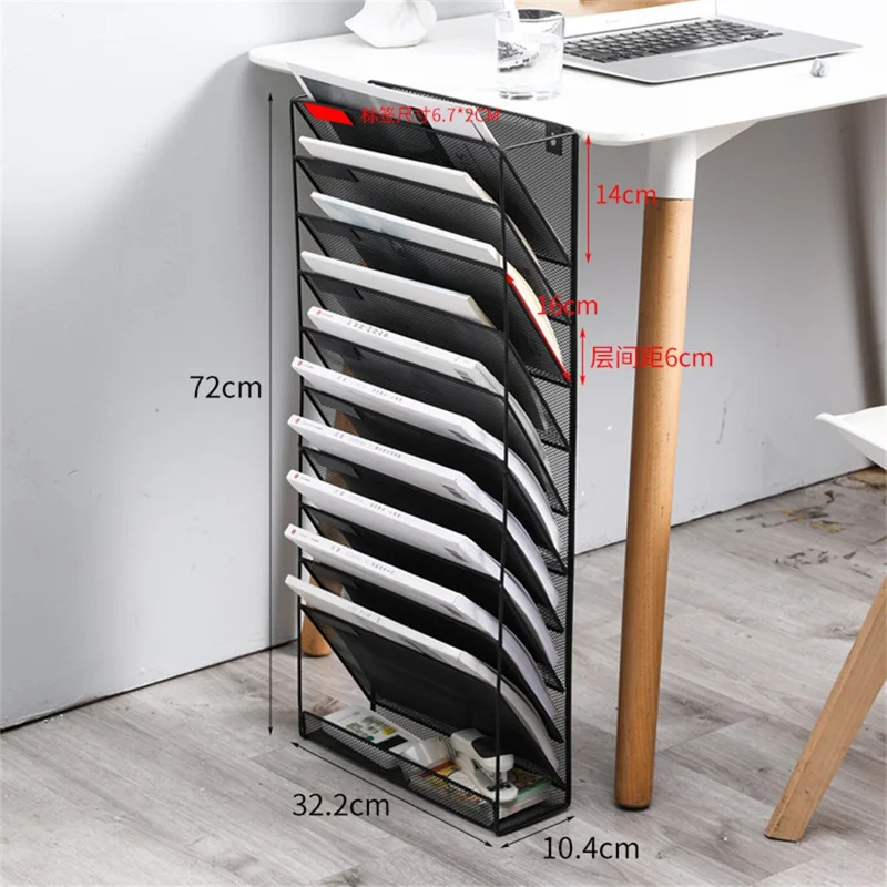 Metal Wall Mount 11-Tier File Organizer Office Supplies Holder Magazine Rack for Document Storage - Black