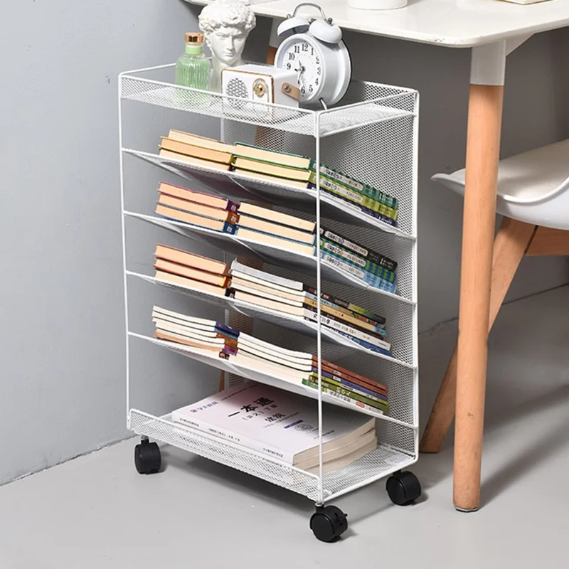 Étagère mobile de rangement à côté du bureau avec roulettes, organisateur multi-niveaux pour livres, chariot roulant mince, taille M - Blanc
