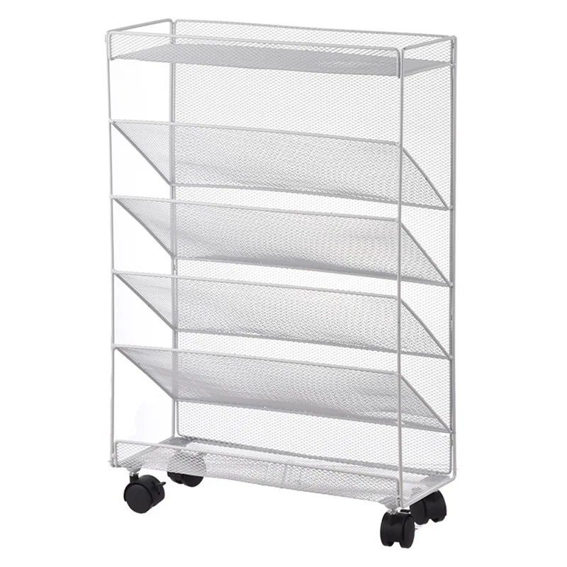 Movable Desk Side Storage Rack with Wheels Multi-Tier Book Organizer Slim Rolling Cart, L Size - White