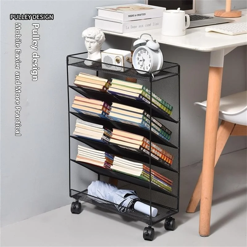 Movable Desk Side Storage Rack with Wheels Multi-Tier Book Organizer Slim Rolling Cart, L Size - White