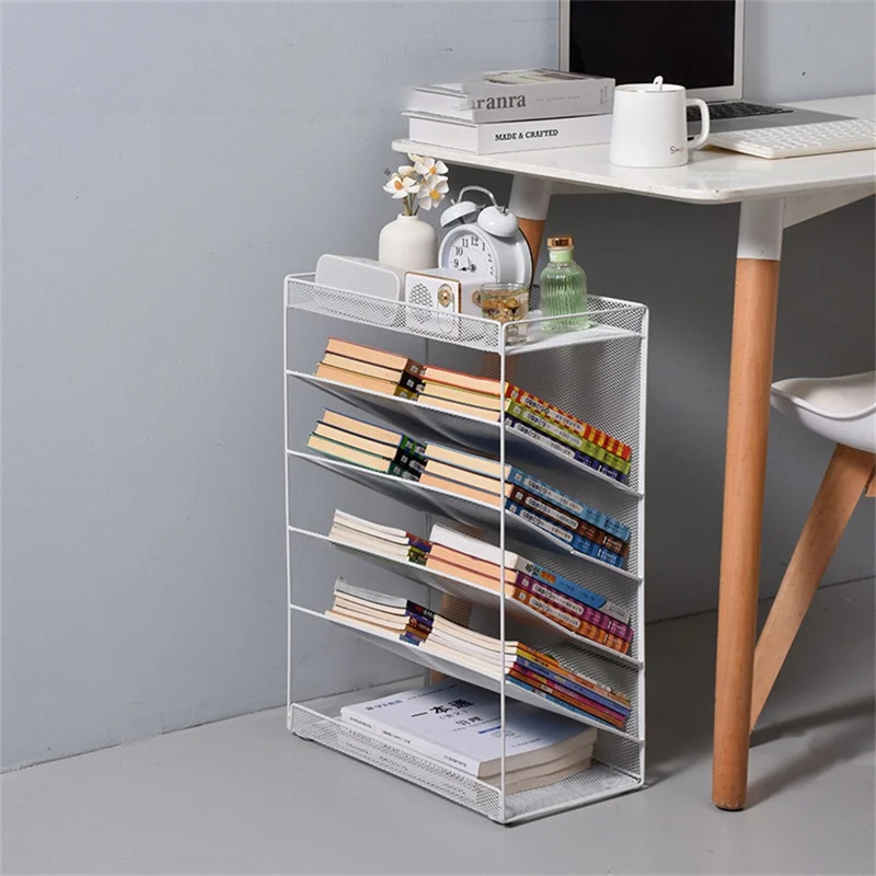 Movable Desk Side Storage Rack with Wheels Multi-Tier Book Organizer Slim Rolling Cart, L Size - White