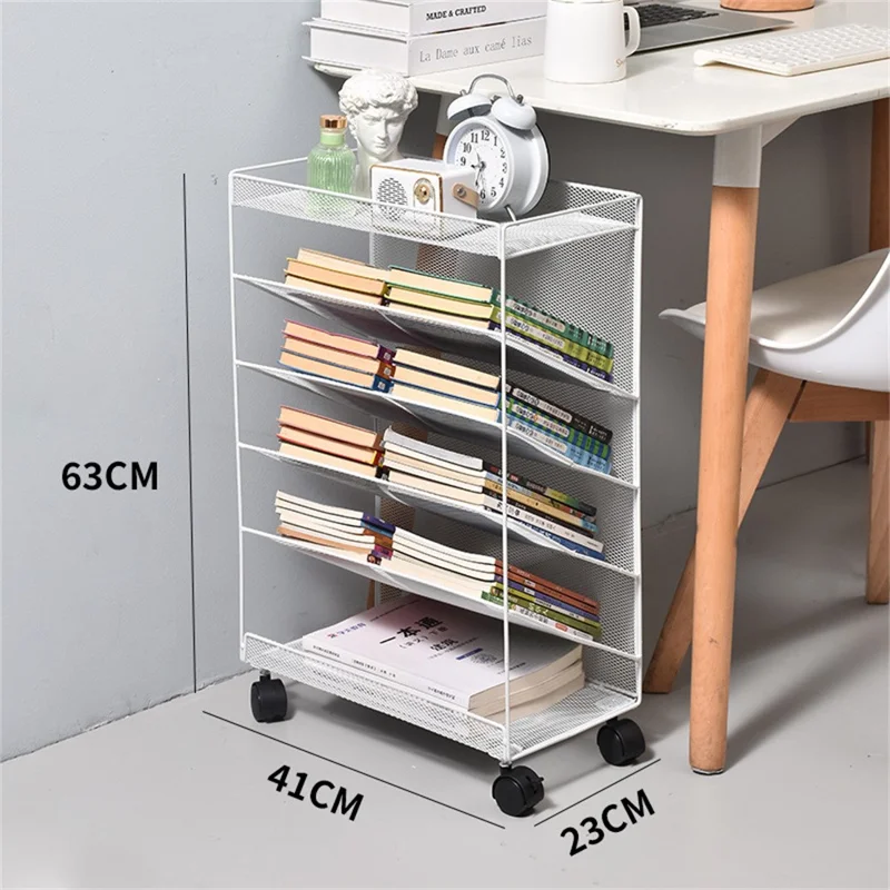 Movable Desk Side Storage Rack with Wheels Multi-Tier Book Organizer Slim Rolling Cart, L Size - White