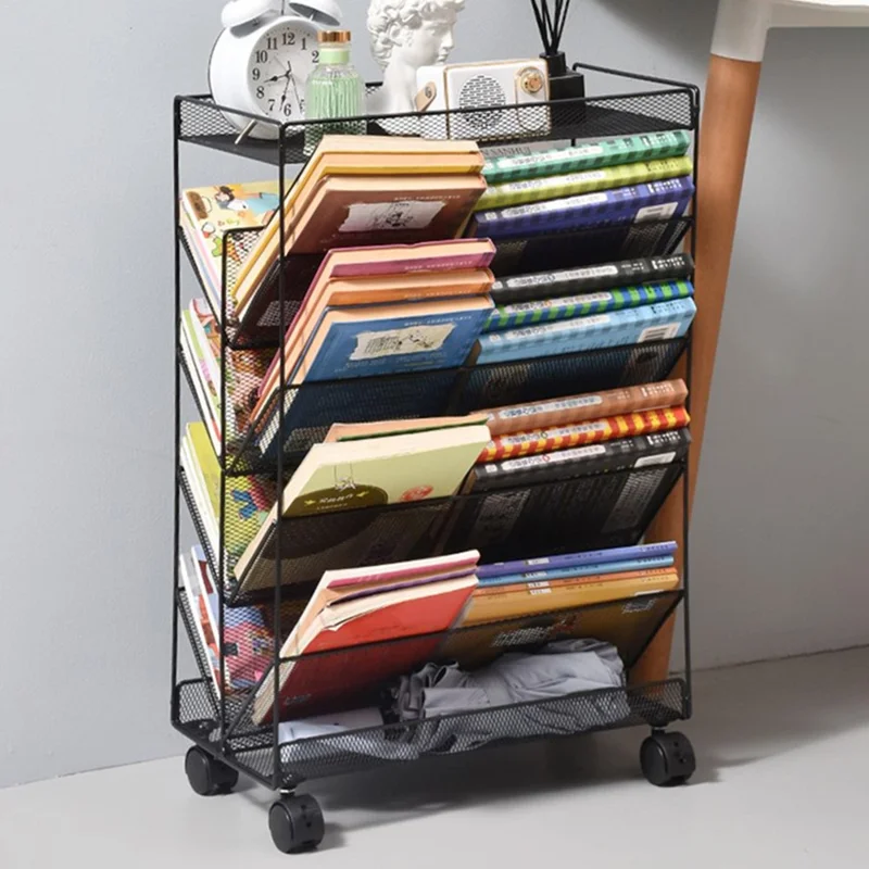 Movable Desk Side Storage Rack with Wheels Multi-Tier Book Organizer Slim Rolling Cart, Double-Sided Style - Black