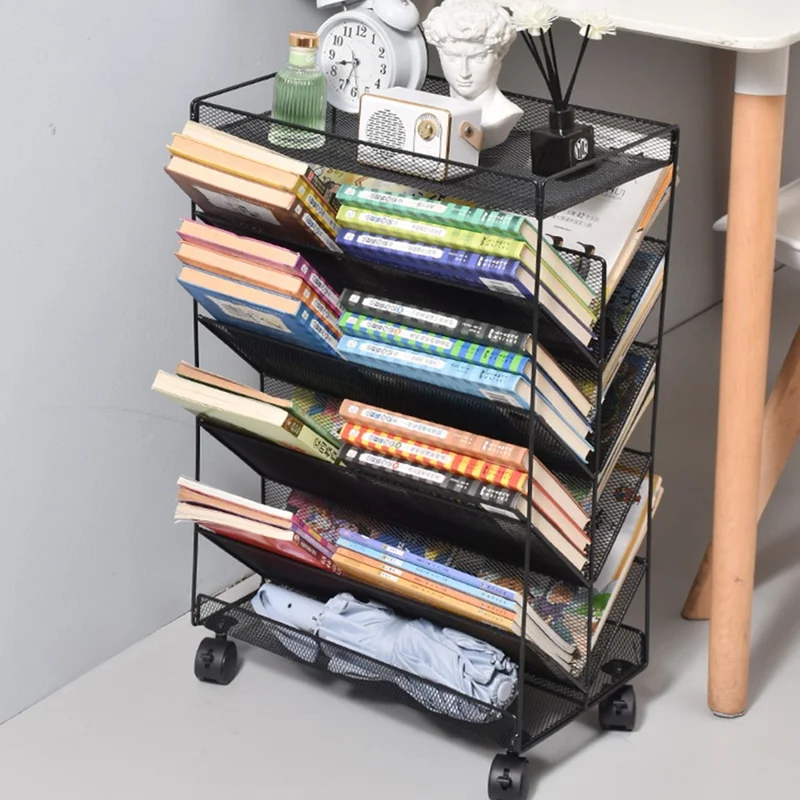 Movable Desk Side Storage Rack with Wheels Multi-Tier Book Organizer Slim Rolling Cart, Double-Sided Style - Black