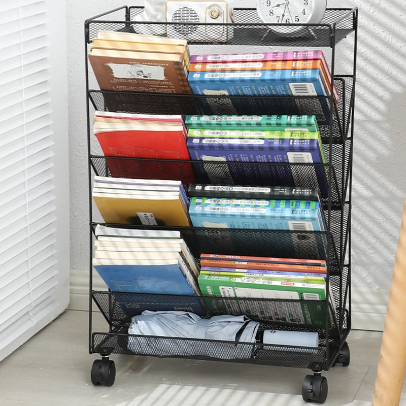 Movable Desk Side Storage Rack with Wheels Multi-Tier Book Organizer Slim Rolling Cart, Double-Sided Style - Black