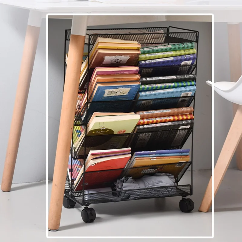 Movable Desk Side Storage Rack with Wheels Multi-Tier Book Organizer Slim Rolling Cart, Double-Sided Style - Black