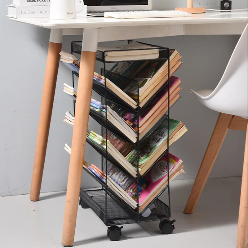 Movable Desk Side Storage Rack with Wheels Multi-Tier Book Organizer Slim Rolling Cart, Double-Sided Style - Black