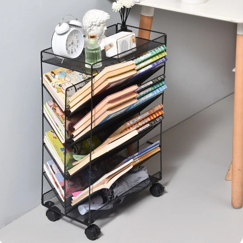Movable Desk Side Storage Rack with Wheels Multi-Tier Book Organizer Slim Rolling Cart, Double-Sided Style - Black