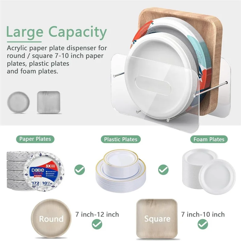 Acrylic Paper Plate Holder For Round  /  Square 7-12 Inch Plates Desktop Cabinet Shelf Organizer Storage Rack