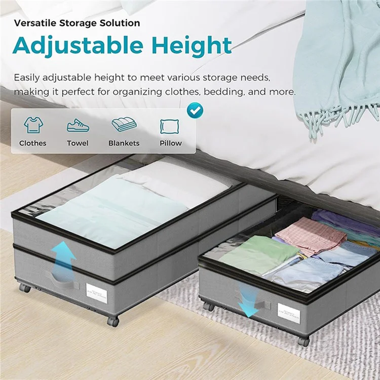 Under Bed Storage Container with Wheels Extendable Height Organizer for Clothes Bedding Toys