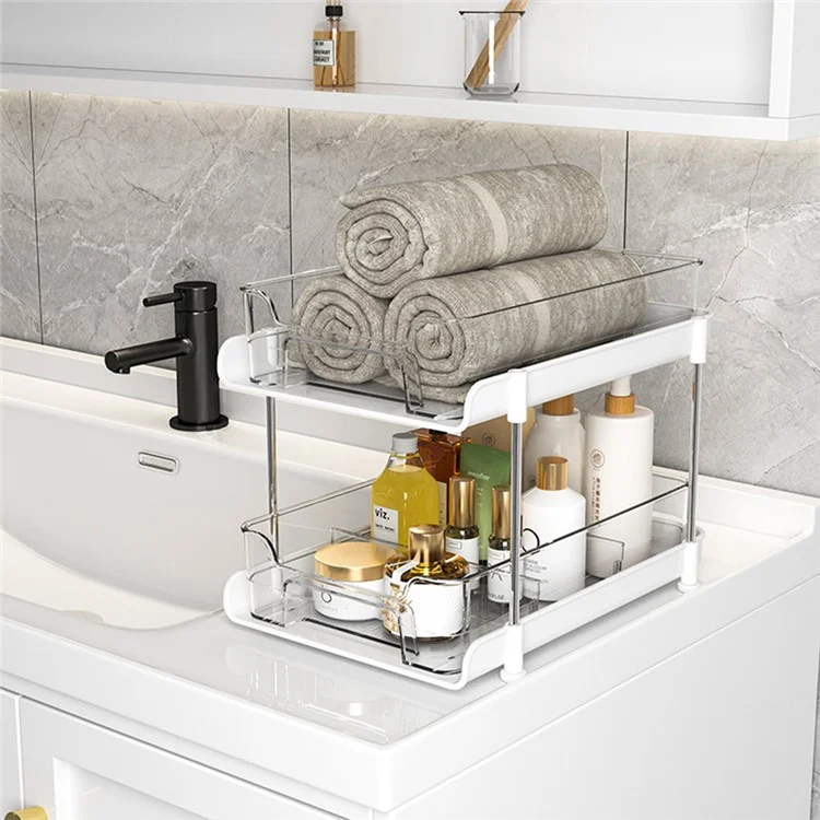 2 Tiers Multipurpose Bathroom Under Sink Storage Shelf Stackable Pull Out Cabinet Organizer - White