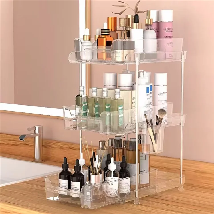 3 Tiers Multipurpose Bathroom Under Sink Storage Shelf Stackable Pull Out Cabinet Organizer - Transparent