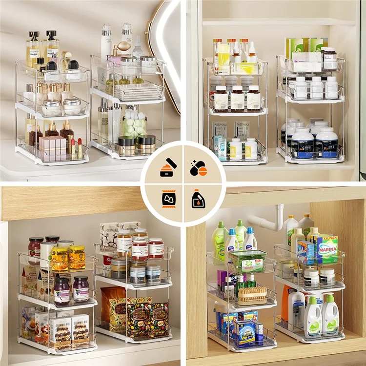 3 Tiers Multipurpose Bathroom Under Sink Storage Shelf Stackable Pull Out Cabinet Organizer - Transparent
