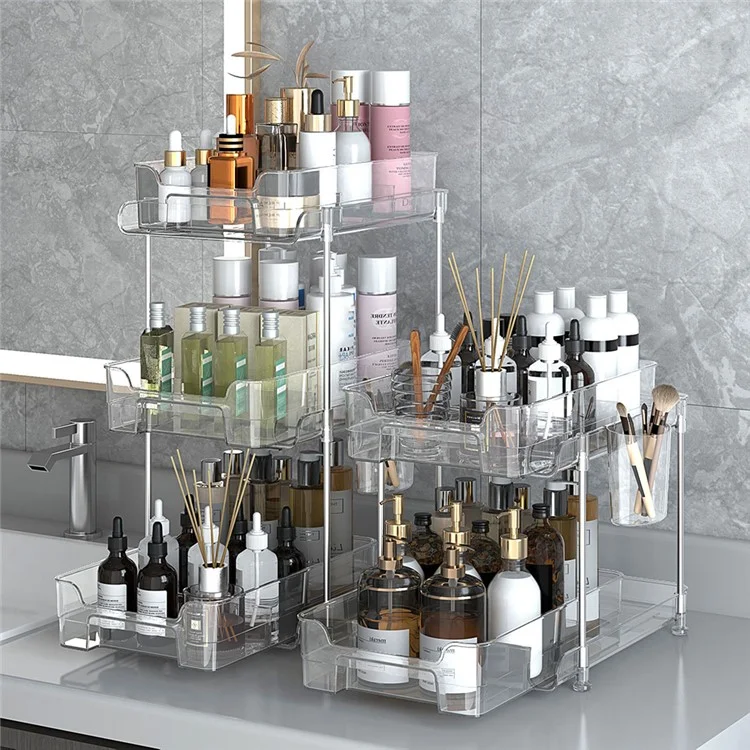 3 Tiers Multipurpose Bathroom Under Sink Storage Shelf Stackable Pull Out Cabinet Organizer - Transparent