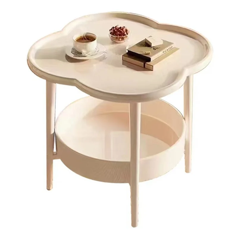 Four Leaf Clover Shape Double Layer Coffee Table for Living Room Bedroom Carbon Steel Side Table - Milky White