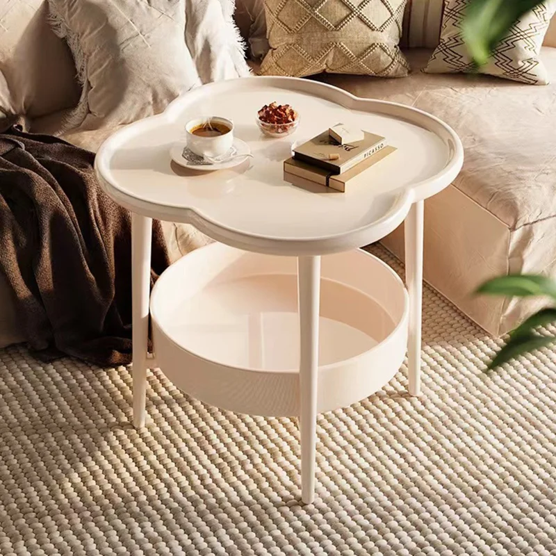 Four Leaf Clover Shape Double Layer Coffee Table for Living Room Bedroom Carbon Steel Side Table - Milky White