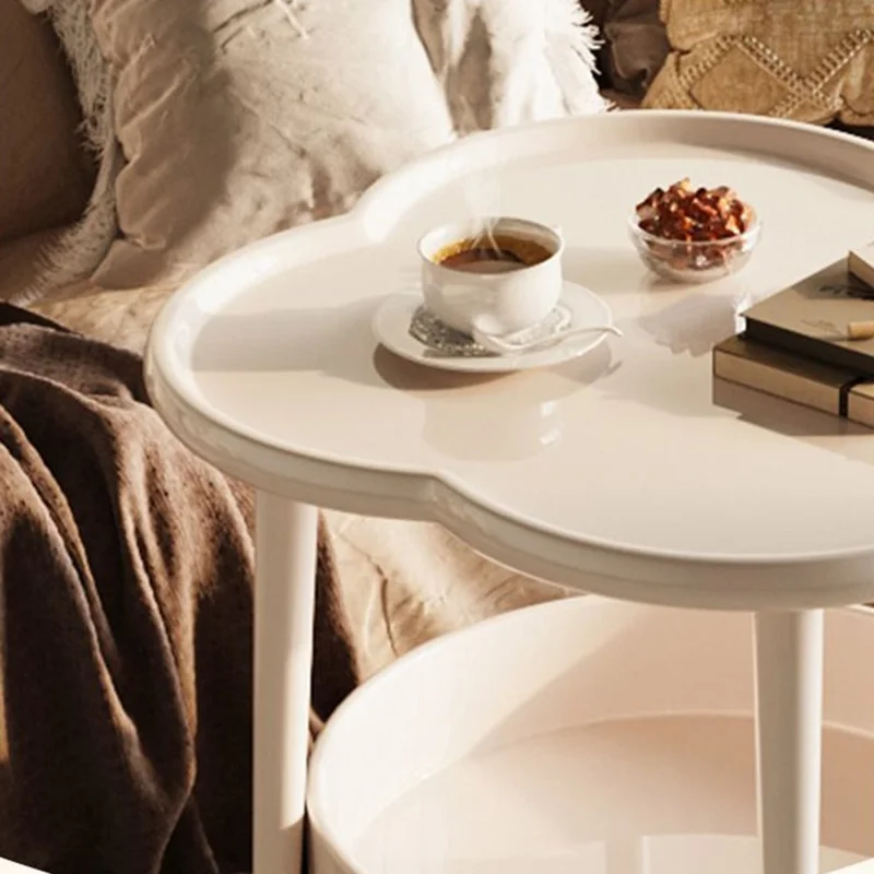 Four Leaf Clover Shape Double Layer Coffee Table for Living Room Bedroom Carbon Steel Side Table - Milky White