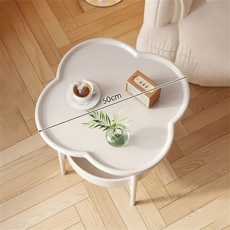 Four Leaf Clover Shape Double Layer Coffee Table for Living Room Bedroom Carbon Steel Side Table - Milky White