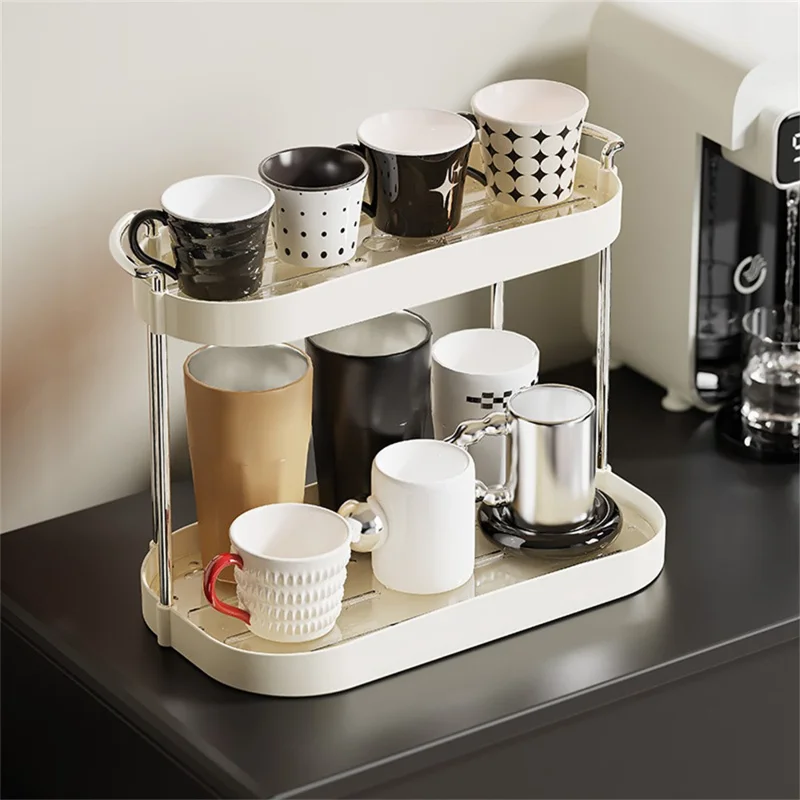 Desktop Cup Organizer Double Layer Draining Rack Glasses Mugs Holder Storage Shelf