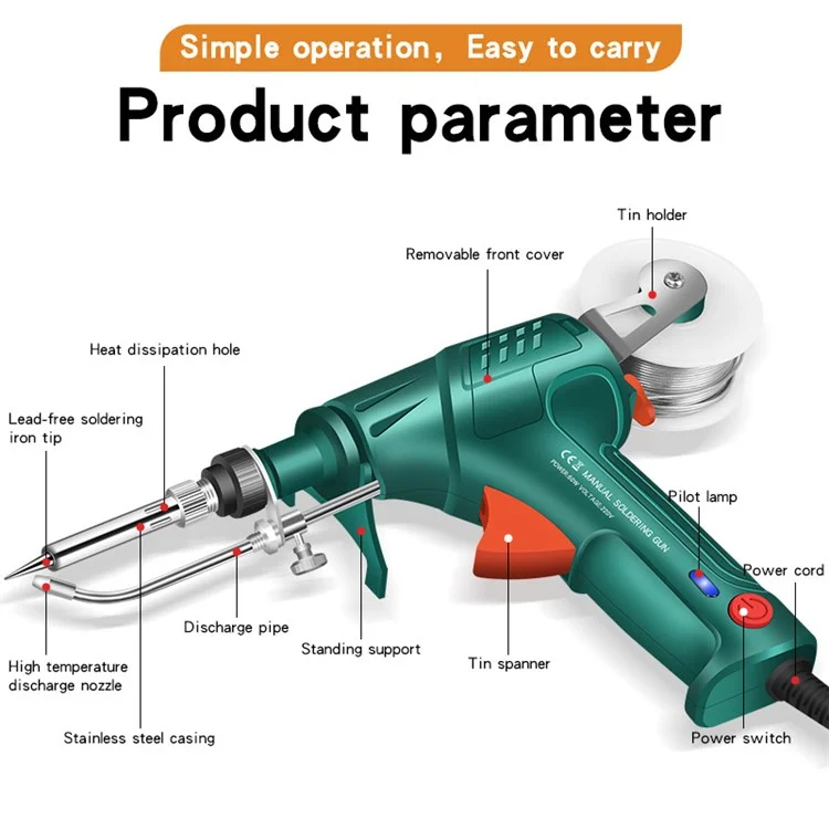 G10-2N Handheld Electric Soldering Iron Gun Internal Heating Automatic Solder Feeder Welding Tool Set, EU Plug - Blackish Green