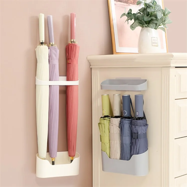 Dual Layer Wall Mounted Umbrella Stand for Home Entrance Drainage Rack Space Saving Storage Rack - Grey