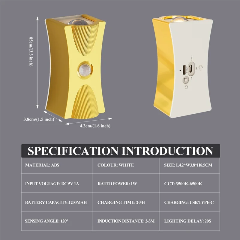 SWL001 Wireless Wall Light Motion Sensor Stair Light Magnetic Reading Lamp for Bedroom Living Room - Gold