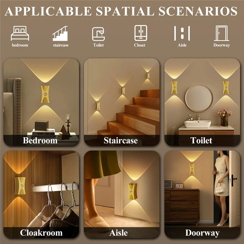 SWL001 Wireless Wall Light Motion Sensor Stair Light Magnetic Reading Lamp for Bedroom Living Room - Gold