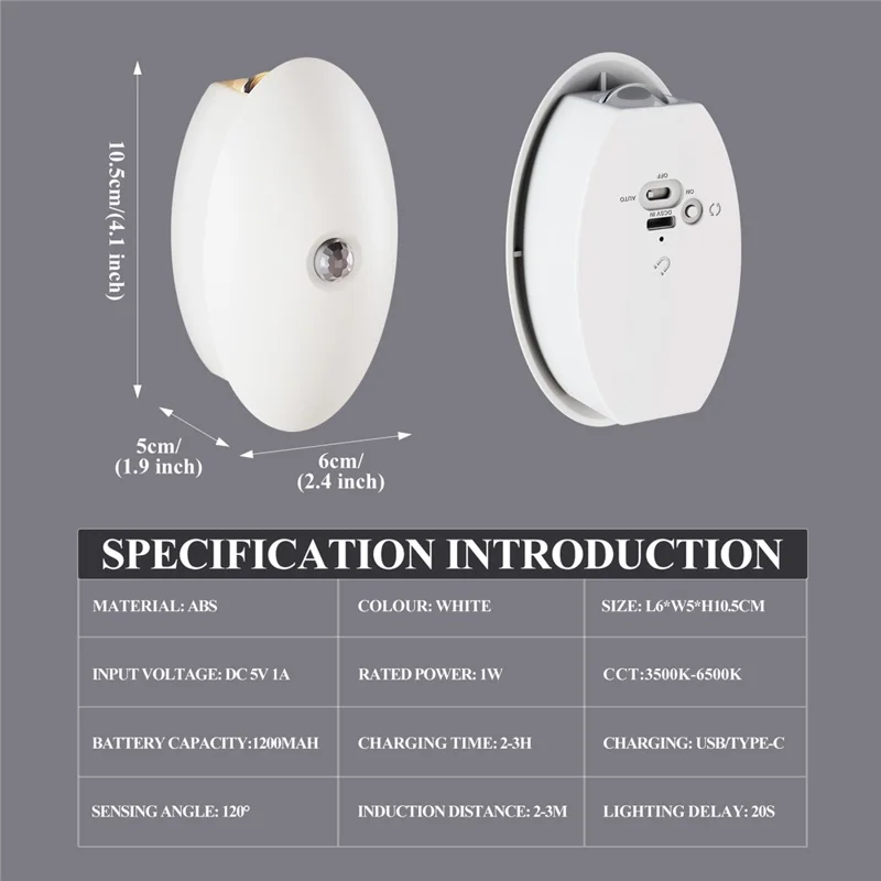SWL002 Wireless LED Night Light No Drilling 3 Color Temperatures Motion Sensor Rechargeable Lamp for Staircase - White
