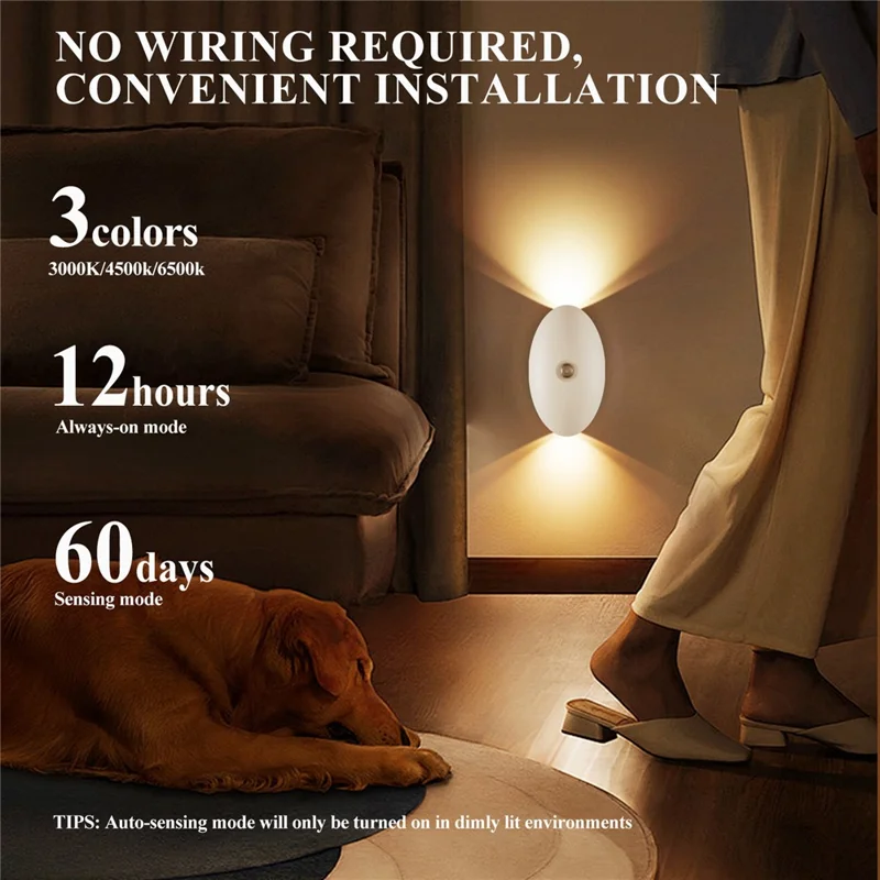 SWL002 Wireless LED Night Light No Drilling 3 Color Temperatures Motion Sensor Rechargeable Lamp for Staircase - White
